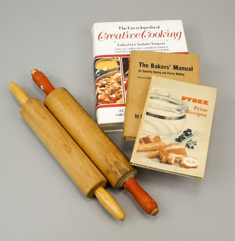 3 Vintage Farm Cookbooks & 2 Wooden Rolling Pins: The Encyclopedia of Creative Cooking (1985), Pyrex Prize Recipes (1953), The Bakers' Manual by Joseph Amendola (1968). [RMP 4002]
