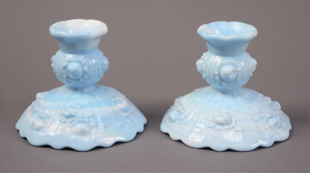 2 Fenton Blue Slag Glass Candlestick Holders: 4" wide base. [WOO 119]