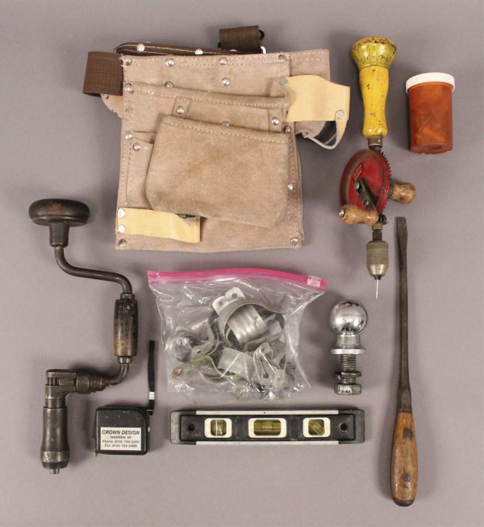 Assorted Handyman Tools & Accessories: vintage hand drills, Level, screwdriver, tool belt. [RMP 4089]