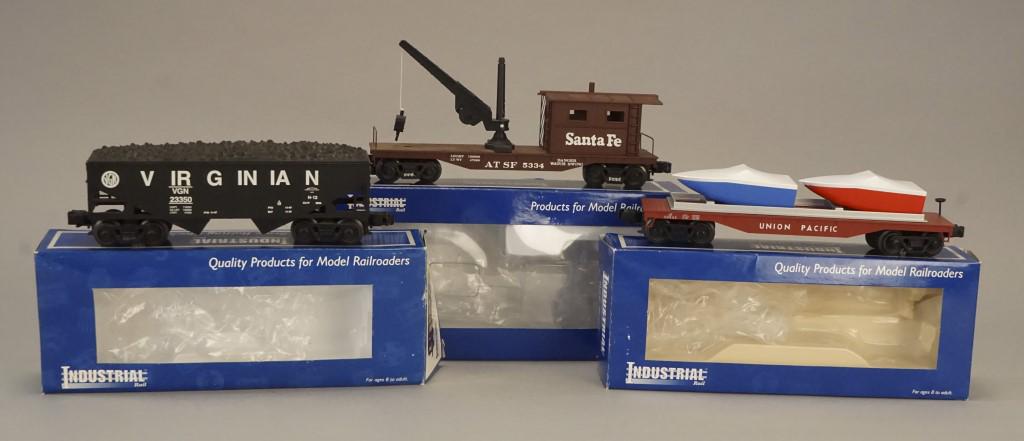 3 Industrial Rail Model Train Cars: Union Pacific 50055 flat 7002 car with boats, Santa Fe work caboose 1704 AT SF 5334, Virginian 4001 hopper with coal 23350. [ARN 108]