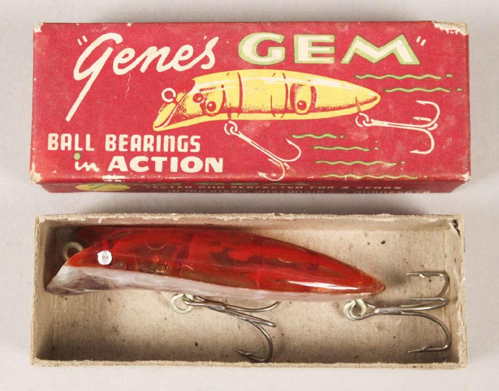 Gene's Gem Vintage Fishing Lure with Box: Gene's Gem Vintage Fishing Lure with Hard-to-Find Box. Ball Bearings in action. G.G Bait Co. Cloquet, Minn. [RMP 1909]