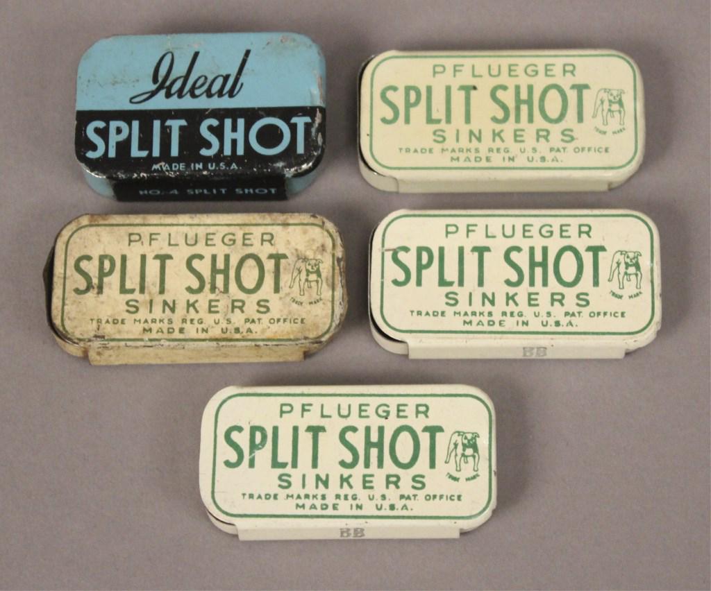 4 Pflueger & 1 Ideal Vintage Split Shot Tins: [RMP 3689]