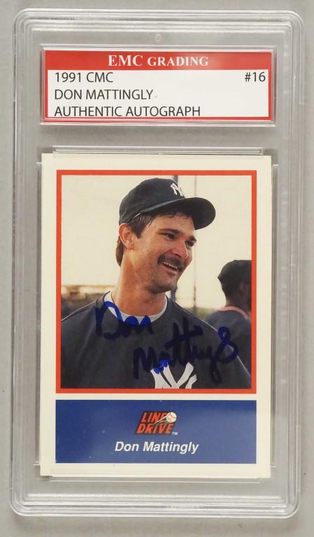 1991 CMC #16 Don Mattingly Signed Baseball Card: EMC graded. Donald Arthur Mattingly is an American former professional baseball first baseman, coach, and current manager for the Miami Marlins of Major League Baseball. [DJA 346]