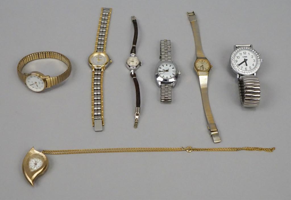 7 Vintage Wrist & Pendant Watches: Watch brands include Timex - working, Pulsar, LS & S, Elgin 19 -10K gold, Pierre Cardin - working. Some will need new batteries. [RMP 4202]