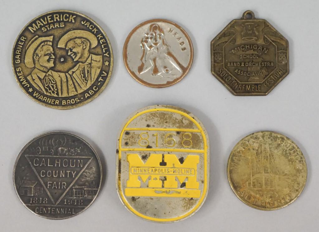 Variety of Medals - Medallions & Tags: Maverick Stars - ABC TV James Garner & Jack Kelly, Warner Bros. Michigan School Band & Orchestra Association - Solo Ensemble Festival, Mackinac Bridge 2005, Minneapolis - Moline 8168 tag, Calhoun Coun