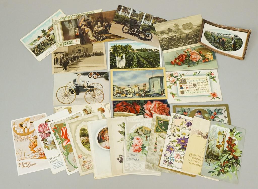 Variety of Vintage Postcards & Greeting Cards: Sunset Blvd. Hollywood NBC studios, Celery fields, The Battle of Lexington, birthday Greeting cards. [RMP 4213]