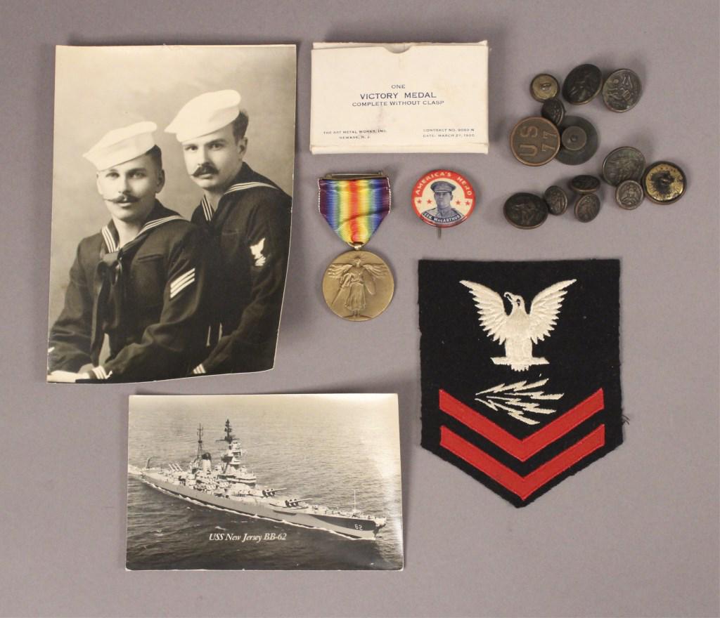 Navy Military Patch, Picture - Medals & Buttons: Americas Hero - General Mac Arthur pin button. Black & White Navy men photo, USS New Jersey BB-62 post card, military patch, Victory medal, assorted military uniform button and pins. [RMP 4272]
