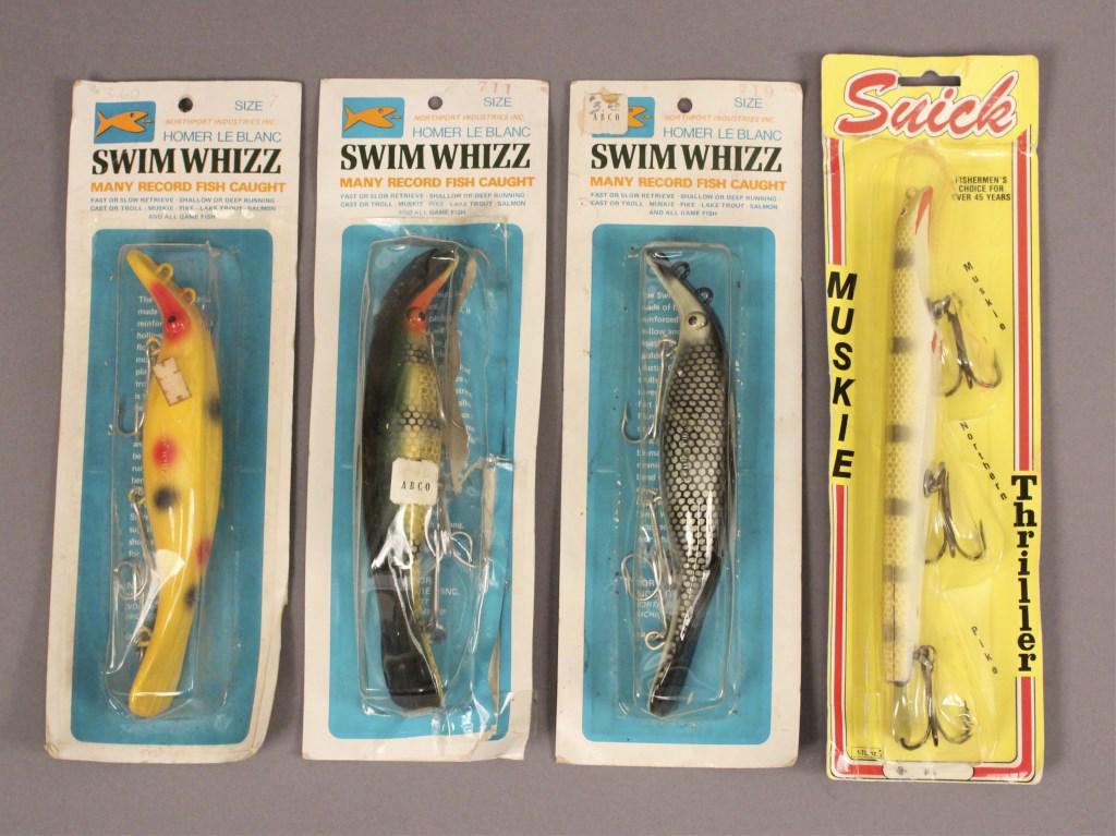 Swim Whizz & Suick Fishing Lures: 3 Homer Leblanc Swim Whizz (2 have not been opened & one opened but not used) & Snick Muskie Lure. [RMP 4244]