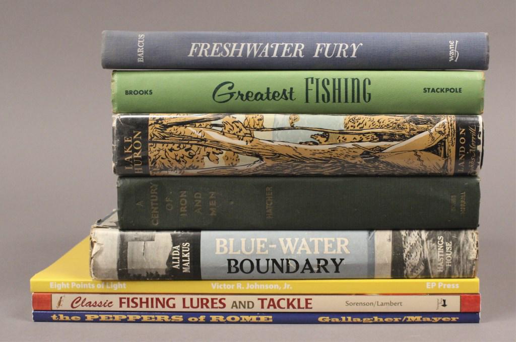 8 Waterways & Fishing Reference Books: Eight Points of Lights by Victor R. Johnson Jr., The Peppers of Rome, NY. by Jack Gallagher, Classic Fishing Lures and Tackle by Eric Sorenson, A Century of Iron and Men by Harlan Hatcher, Lake Huron