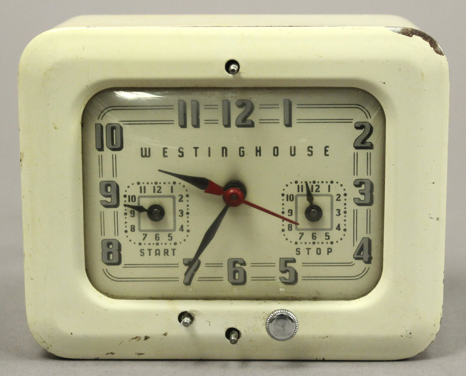 Westinghouse TC - 81 Start - Stop Alarm Clock: Vintage Westinghouse TC - 81 metal start-and-stop clock, 115v., 15a. 60 cycle A.C. Works. [POM 252]