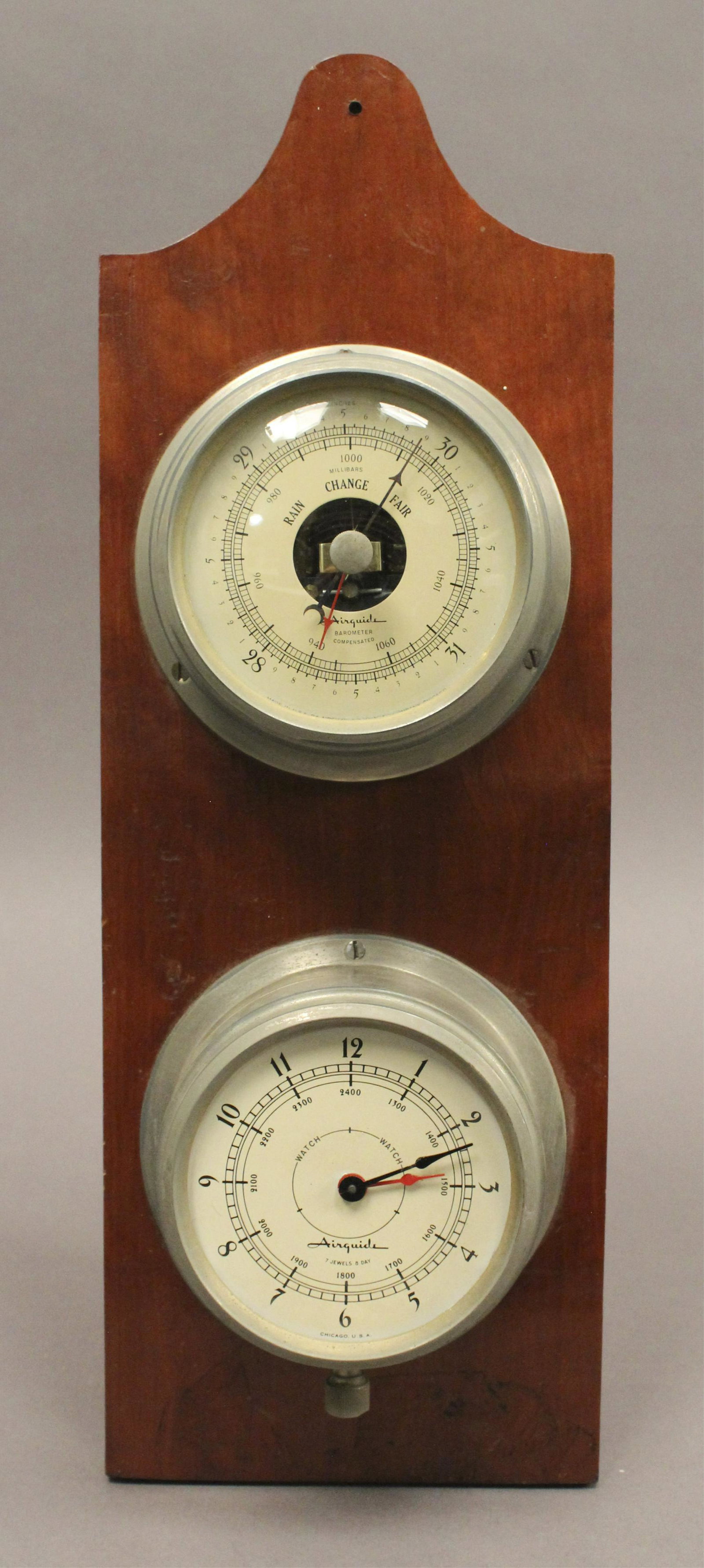 Vintage Airguide Wall Barometer: Scientific instrument that is used to measure air pressure in a certain environment. Pressure tendency can forecast short term changes in the weather. Many measurements of air pressure are used within