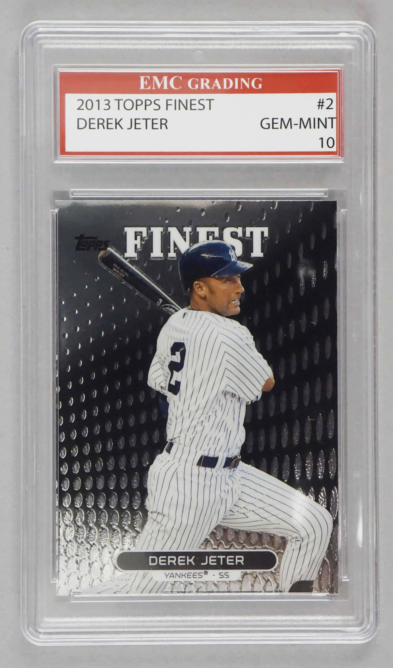 2013 Topps Finest Derek Jeter #2 Graded Card: EMC graded Gem Mint 10. New York Yankees. Derek Sanderson Jeter born June 26, 1974 is an American former professional baseball shortstop, businessman, and baseball executive. He has been the chief exe