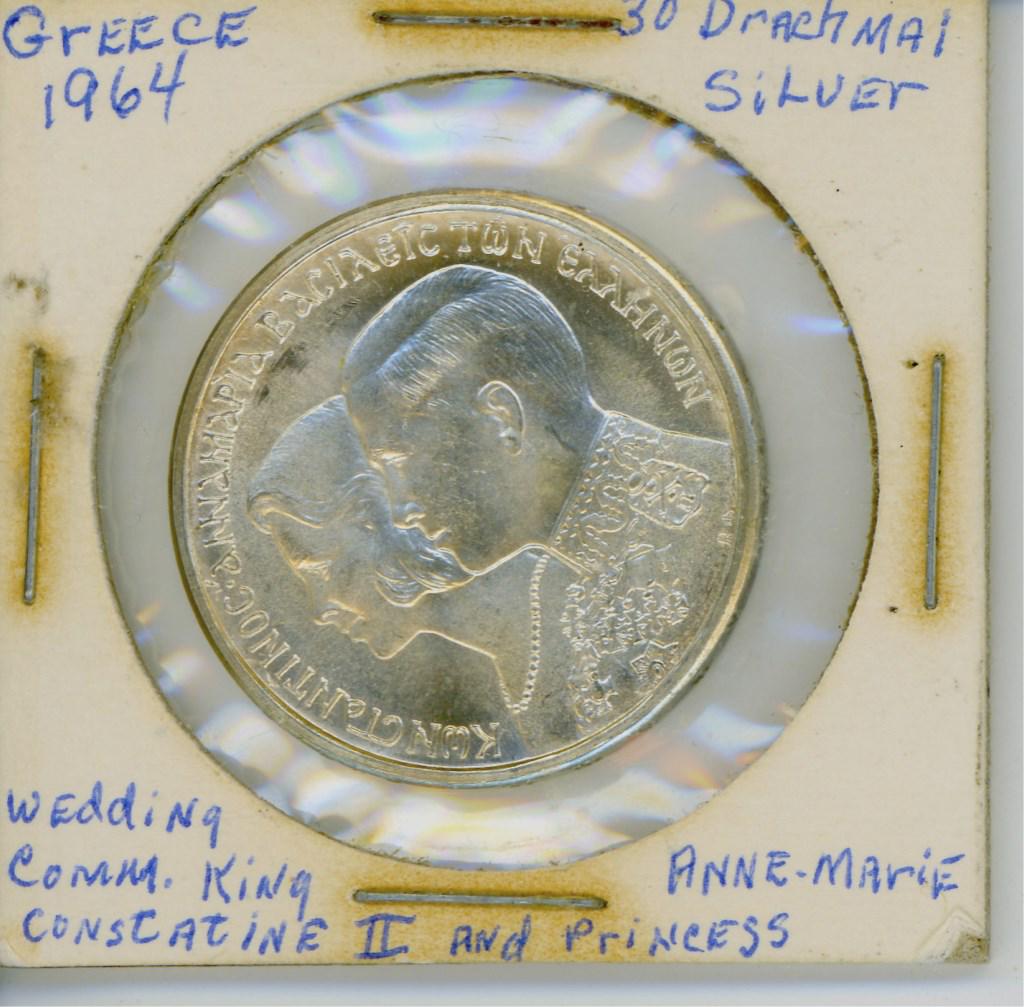 1964 King Constantine & Princess Anne Wedding Coin: Greece. Silver. 30 Drachmal.. King Constantine II and Queen Anne Marie of Greece got married on 18 September 1964. Princess Anne Marie of Denmark was just 13 when she met the then Crown Prince of Gree