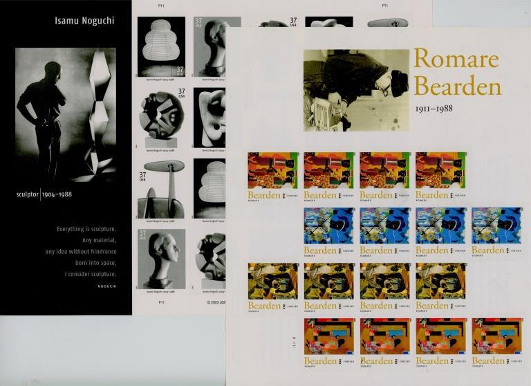 Noguchi & Bearden Artist Stamp Collection: 2004 Isamu Naguchi Sculptor 20 x .37 stamp sheet, 2011 Romare Bearden forever stamps sheet. [JDO 103]
