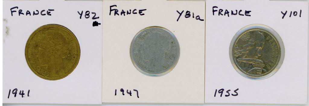 3 Collectible France Coins 1941 - 1955: France coins include, Aluminum and Bronze Third Republic (1870) 1941 (2 Francs), Aluminum Fourth Republic (1946-1958) 1947 (1 Franc), and Copper and Nickel Fourth Republic (1946-1958) 1955 (100 Francs