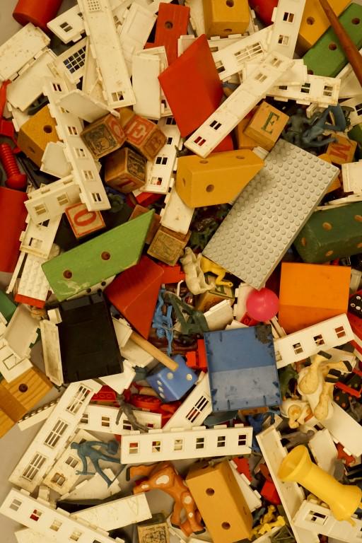 Large Box Assortment of Vintage Toys: Wooden and plastic. Grab bag of vintage playing pieces. Who knows what you might find as you dig through the box! [Z 951]