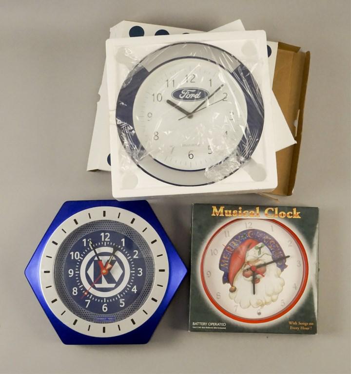 3 Assorted Wall Clocks - Ford - Santa - Kobalt: Works. Musical Santa with 12 songs, Kobalt Tools, Ford Motor Company. [POM 467]