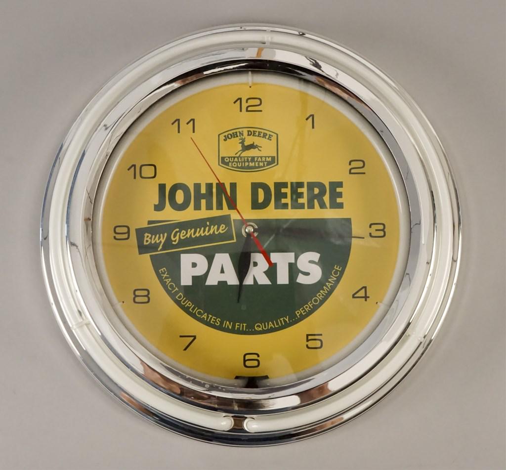 John Deere Parts Wall Clock: Clock works, neon light does not work and will need a replacement. Farm. Plow. [POM 479]