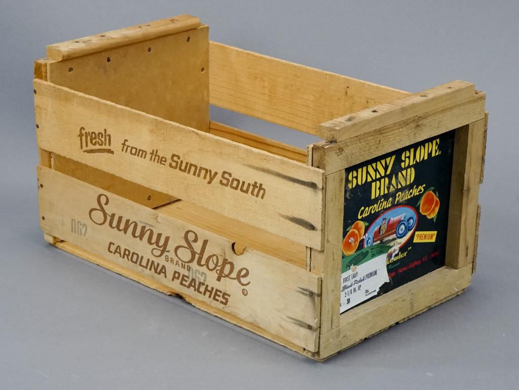 Sunny Slope Brand Carolina Peaches Wooden Crate: Approximatley 20" long x 11 3/4" wide x 11 3/4" deep. [REN 288]