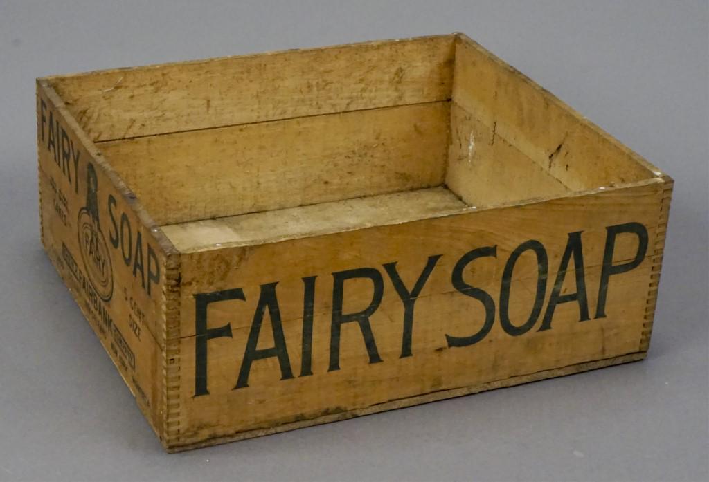 Fairy Soap Crate by Fairbank Company: Exactly the kind Tinker Bell used! Company distribution outlets located in Chicago, New York, Montreal, St. Louis, New Orleans. Approximatley 15 x 17 1/4 x 6 1/2 [DLM 107]