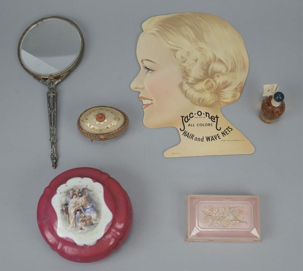 Vintage Accessories - Hand Mirror - Perfume Bottle: Hairpin Holder, Knick Knack cases, Jac-O-Net hair and wave nets. [POM 426]