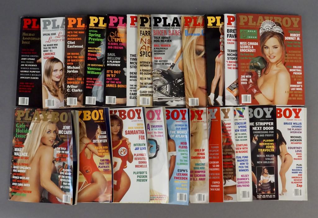 1996-1997 Playboy Magazines W/ 2 Cases: 24 Issues. 1996 Issues include: January, February, March, April, May, June, July, August, September, October, November, and December. 1997 Issues include: January, February, March, April, May, June, J