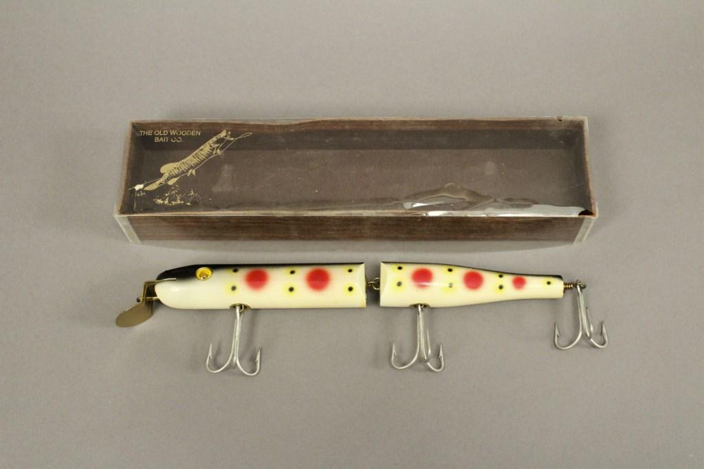 Leviathan Jointed Strawberry Fishing Lure: The Old Wooden Bait Co., Model 1215, Cobourne, ON. [MAB 908]