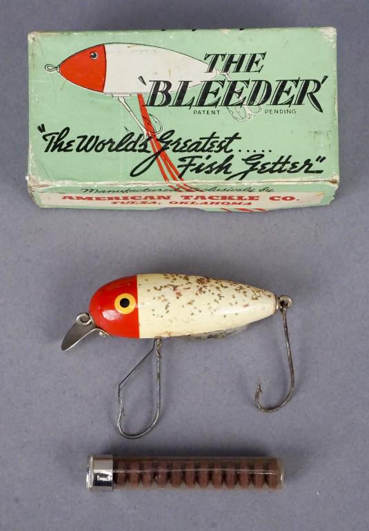 Vintage Bleeder Fishing Lure with Box: Pre Zip Code. Tulsa, Oklahoma. American Tackle Co. Dated 8-29-1939. [MAB 2094]