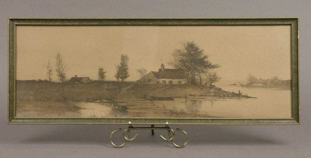 Vintage Framed Landscape Scene - Pencil: No visible artist signature. Check the tag on the back, early vintage phone number! Display stand is not included. For photography purposes only. [CLU 599]