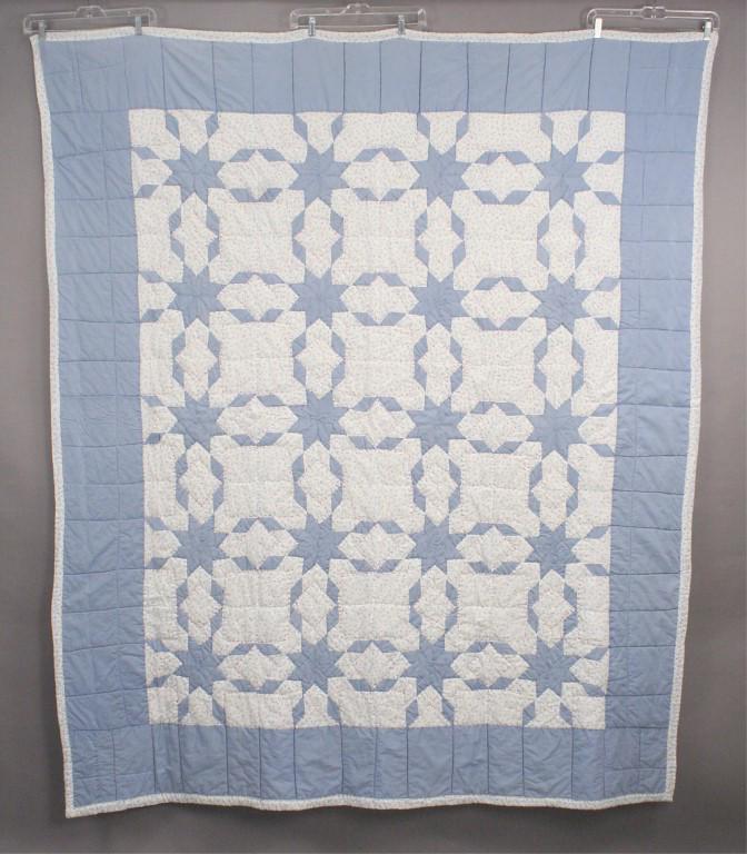 8-Pointed Star Quilt in Soft Blue & White: Machine quilted, in great condition. Estimated to have been created around 1970. Measures approximately 69 x 81.5". Please See Photos and Descriptions. Repairs or slight flaws noted when possible. All
