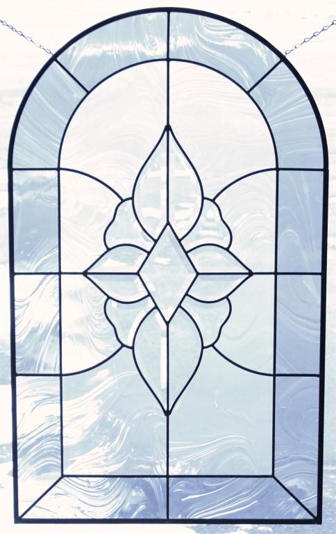 Smoky Grey and Clear Leaded Stained Glass: This elegant piece features dark, smoky grey, textured, stained glass with clear, leaded, decorative inner glass in a metal frame. Hangs vertically and measures approximately 35.5" in height. [PWE 107