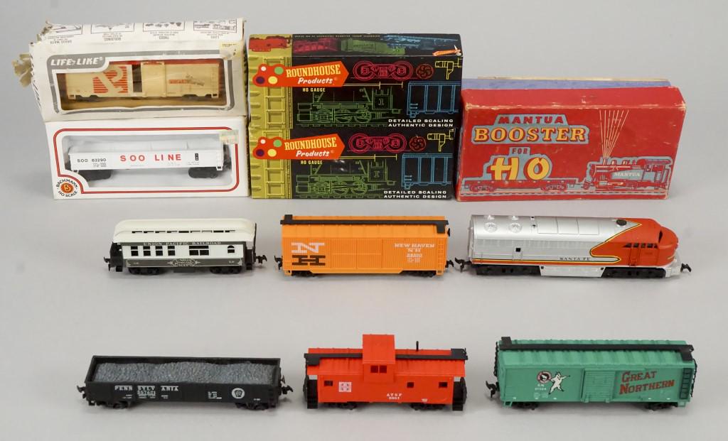 Assorted Train Cars: Life-Like People Freight Car. Bachmann "HO" Scale #63290 Gondola Soo Line in Box. Roundhouse Products "HO" Scale Overland Dispatch. Roundhouse Products "HO" Scale Atchison Topeka & Santa Fe. Mantua Bo