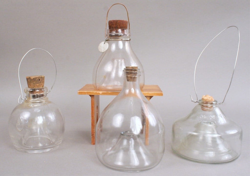 4 Clear Glass Hanging Insect Traps - 3MMMA: Only one with makers mark, 3MMA. No visible chips or cracks. Stand is not included, for photography purposes only. [DEB 275]