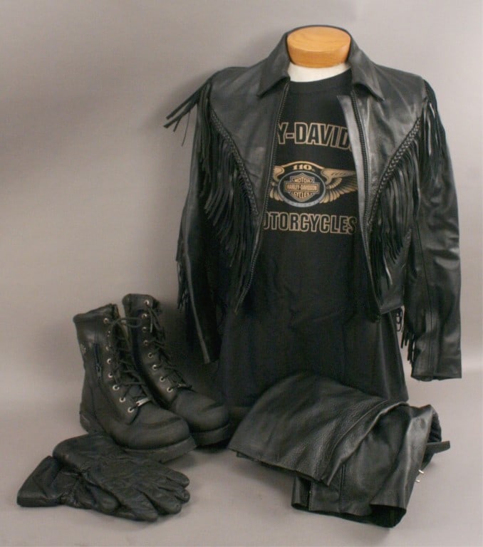 Harley Gear - Jacket - Boots - Chaps & More: Wilson leather Jacket Size Small. Boots Size 11 1/2. Gloves Size M. Chaps Size L. [ROR 382]