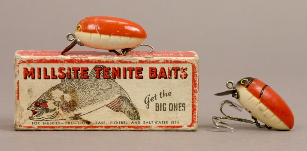 2 Michigan Millsite Rattle Bug Fishing Lures & Box: One box included with Lady Bug lure. Red & White lure without box. [RMP 5410]