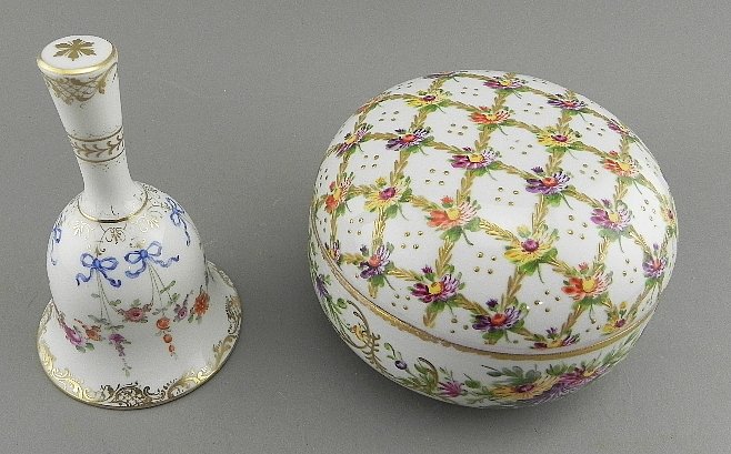 German Porcelain Bell and Box: Dresden bell measures 4 3/4" tall. The Schierholz & Sohn box measures 5 1/4" across. Both are handpainted and both are in perfect condition.