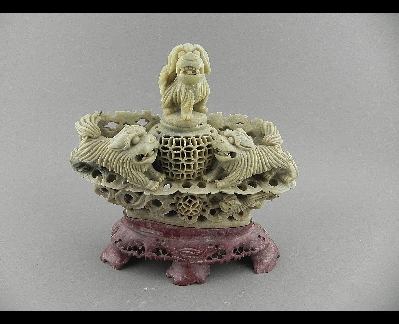 Carved Soapstone Box w/Foo Dogs: Nice form that measures 7 1/2" across, 7 7/8" tall and is in excellent condition. There is a flake on the bottom side of the lid (pictured).