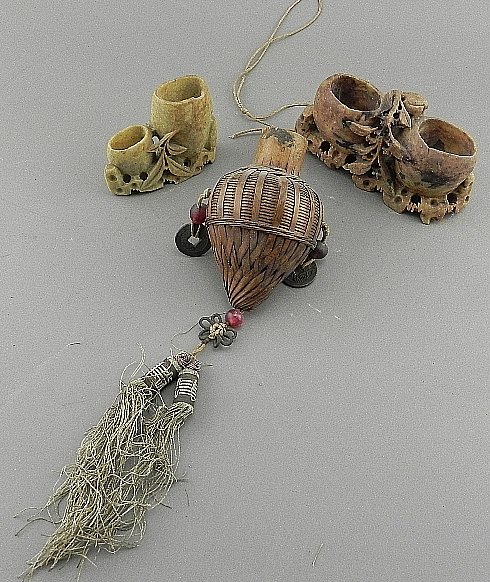 2 Soapstone Pieces and Chinese Woven Box: 2 small carvings, the largest measuring 5" across. The basket is interesting and the lid is actually inside the container.