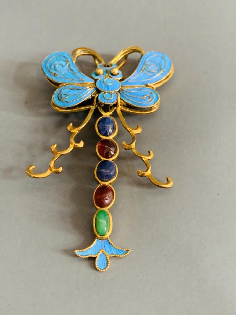 19th.C Chinese Gilt Silver Enamel Hair Pin w Gems (1 of 4)