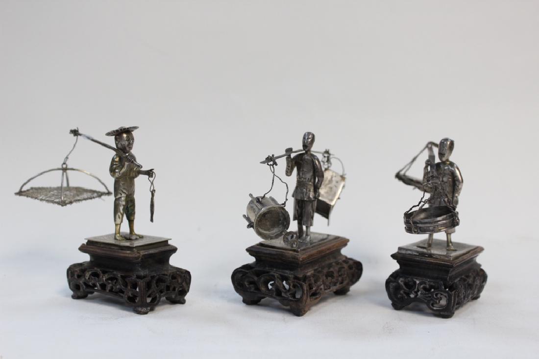 3 Chinese Silver Miniature Fishers w Wood Stand (1 of 8)