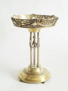 19C Russian Gilt Silver Centerpiece: 19C Russian Gilt Silver Centerpiece . The round base on four bun feet with top basket decorated with leave design supported on three columns connected with ribbons . Monogrammed with laces letters. Ha