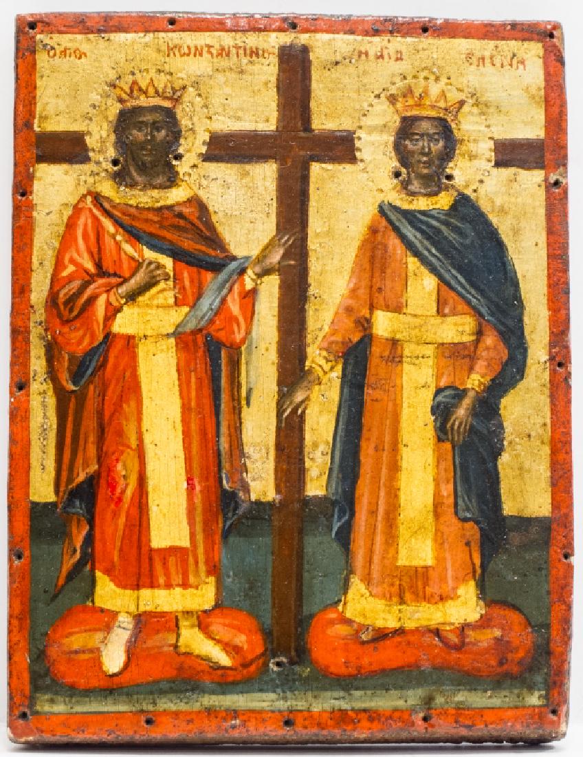 Greek Icon: KONSTANTIN AND ELENA: Ca 1800, Greek Icon of Konstantin and Elena. Egg tempera, gold leaf and gesso on wood. 4 7/8 x 3 3/4 in (12.5 x 9.5 cm)