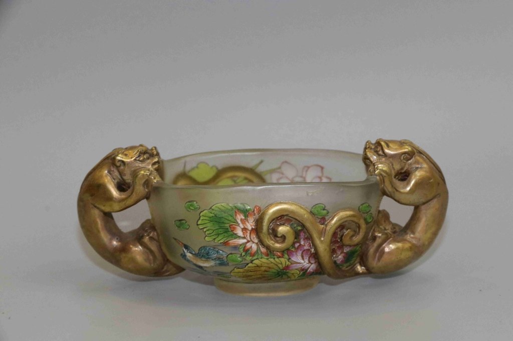 Chinese Glass Cup w Lilong Handles,Mark (1 of 6)