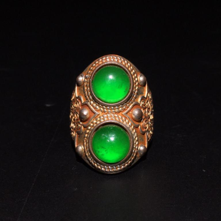 Chinese Silver Ring w 2 Green Stones (1 of 9)