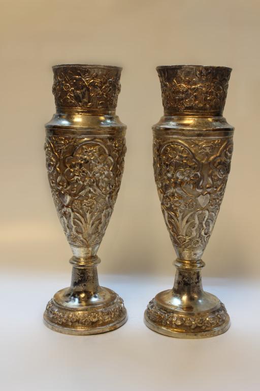 Pair of Antique Persian Silver Vases w Flowers&Bir (1 of 6)