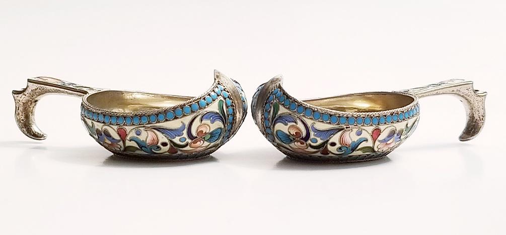 Pair 19C Russian Silver Shaded Enamel Kovshes_x000D_ (1 of 8)