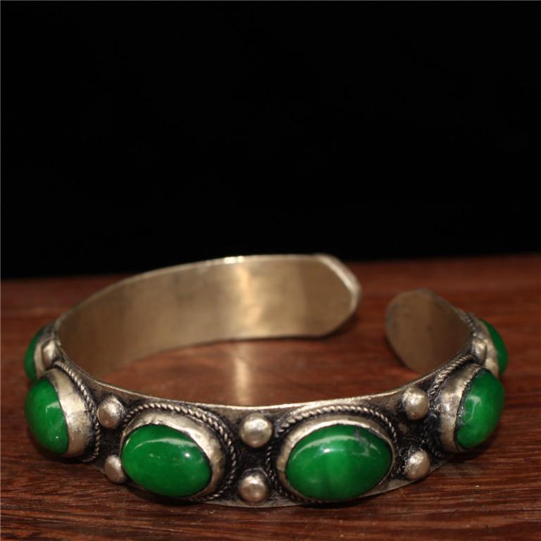 Chinese Silver Bangle w Green Stone (1 of 9)