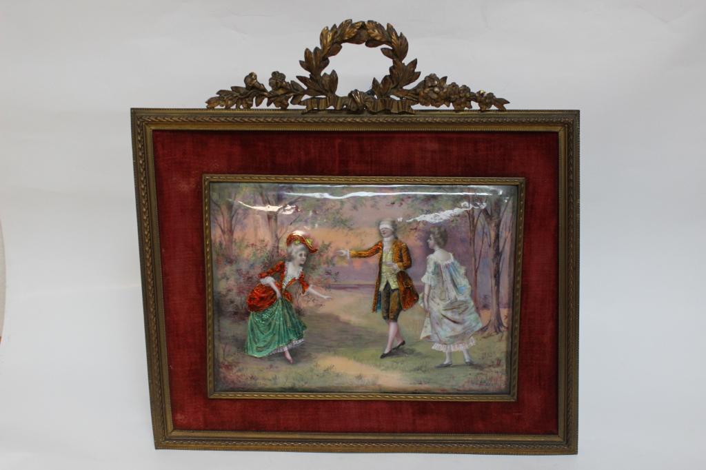 Limoges Enamel Plaque in a Bronze Frame: One needlepoint painting, 6 1/4" by 8 1/4" 13 1/4" by 10 1/4" 10 1/2" by 8 1/2"