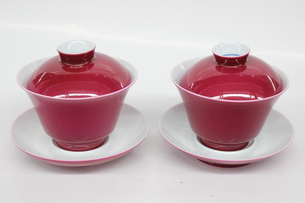 Pair of Chinese Red Glazed Porcelain Cup and Sause (1 of 4)