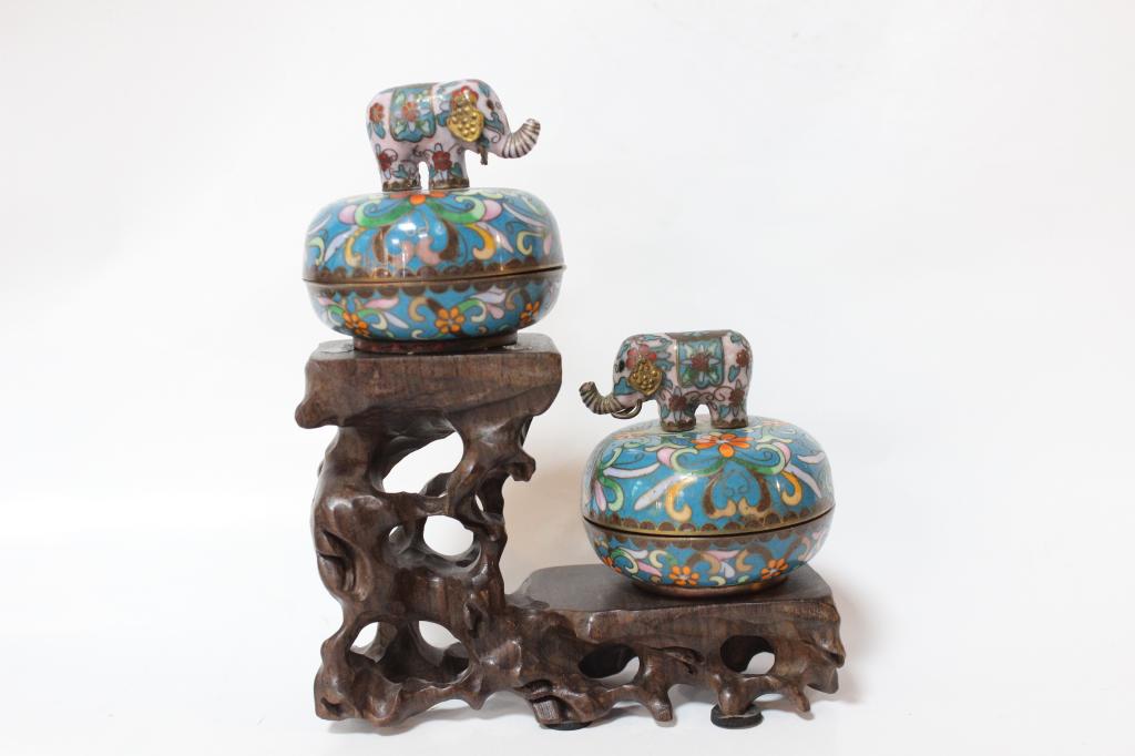 Two Chinese Cloisonne Round Music Box w Stand (1 of 5)
